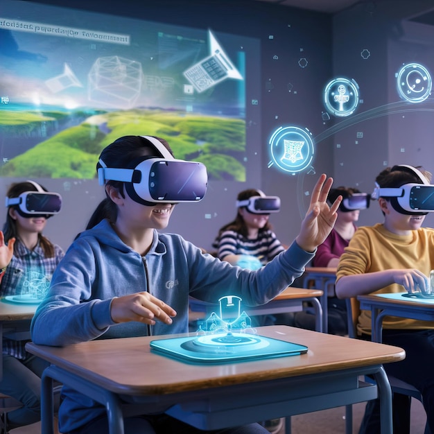 children wearing virtual reality glasses are in a classroom