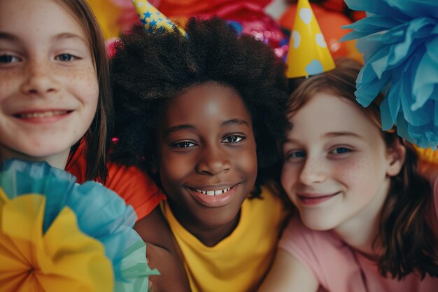 Children with party hats smiling during a celebration