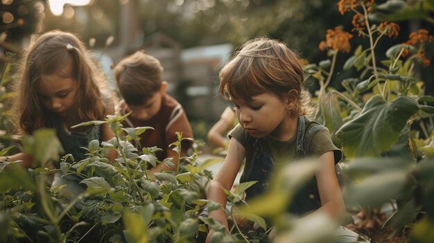 Photo children working in a garden one of the children is picking flowers