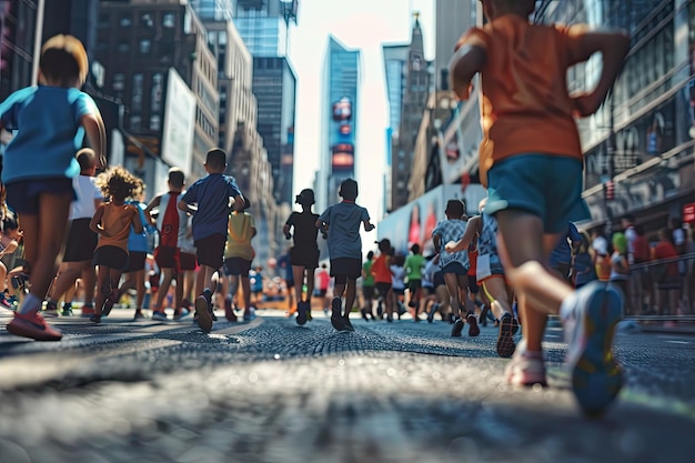 Children and Young Athletes Competing in a Kids Run Race with a Bustling Cityscape Backdrop