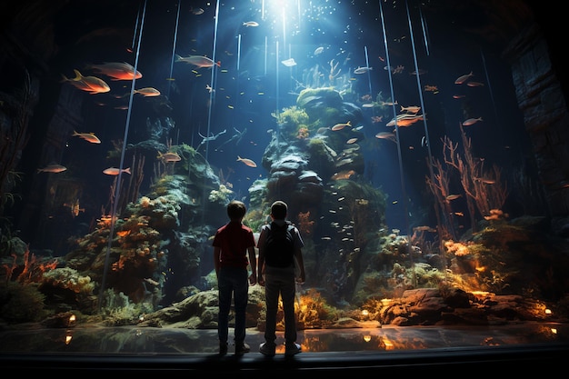 children in the zoo looking on aquariumsea life