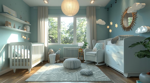 Children39s room with playpen interior with large windows