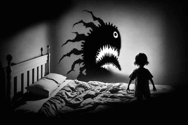 Children39s sleep problem Sleep fears nightmares scary dreams children39s room gloomy dark atmosphere children39s bed monsters over the bed