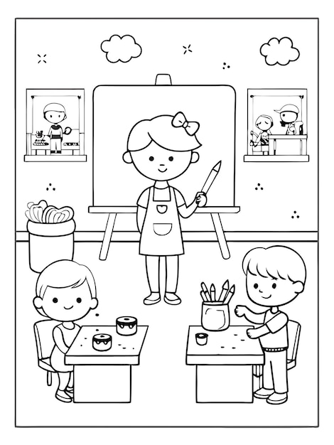 Photo childrens art class coloring page featuring teacher and students