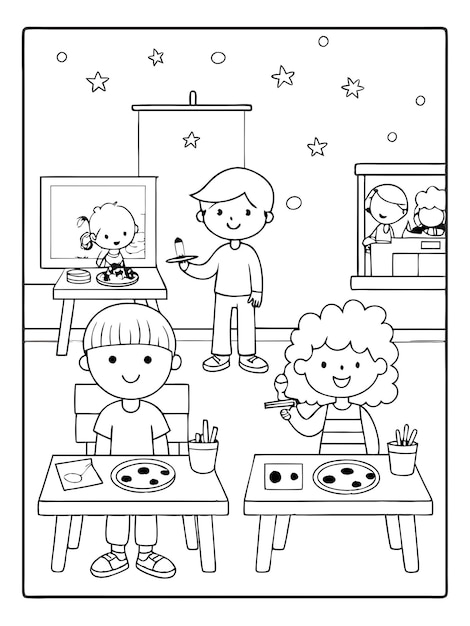 Childrens Art Class Coloring Page Featuring Teacher and Students