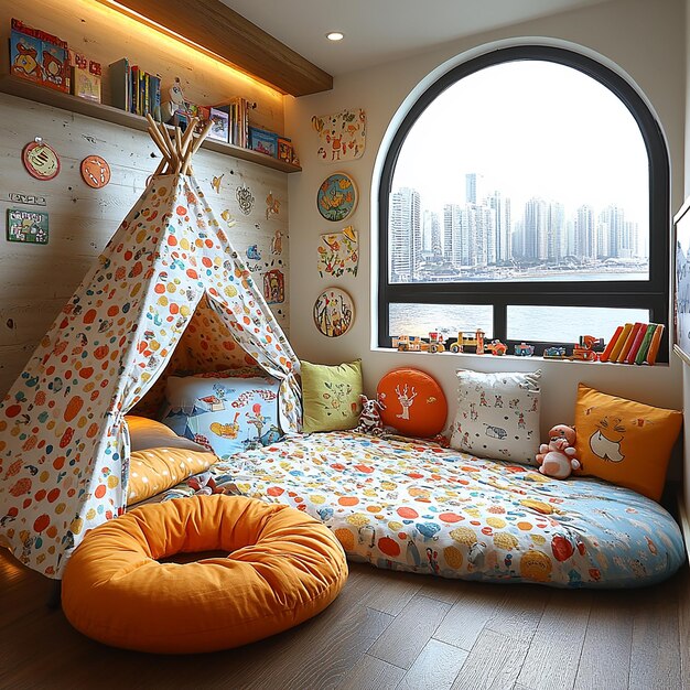 Photo a childrens bedroom with a whimsical theme bright colors playful patterns and fun decor elements