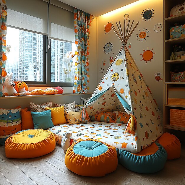 Photo a childrens bedroom with a whimsical theme bright colors playful patterns and fun decor elements