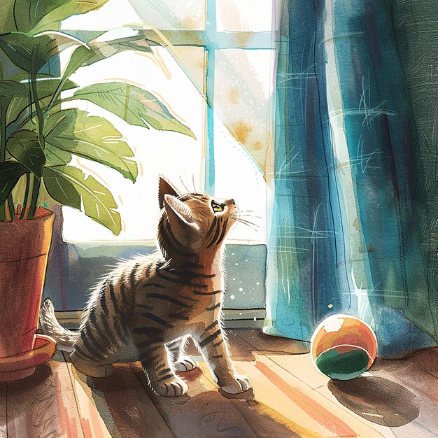 Photo a childrens book illustration cartoon watercolor style featuring a brown striped kitten sunlight