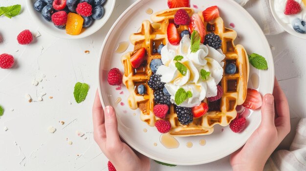 childrens breakfast with a topdown capturing a plate adorned with one waffle assorted fruits berries and whipped cream on a white table leaving ample space for text