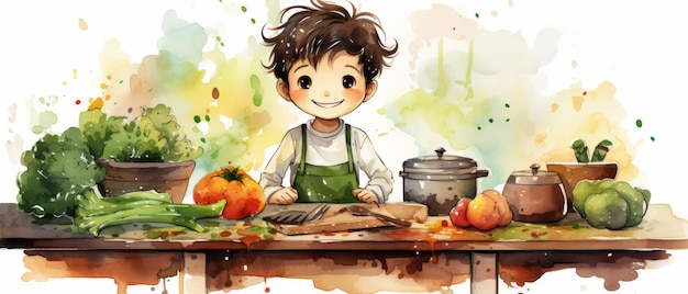 Childrens cartoon character cooking vegetables in the kitchen Watercolor style Generative AI