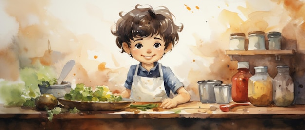 Childrens cartoon character cooking vegetables in the kitchen Watercolor style Generative AI