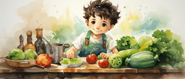 Childrens cartoon character cooking vegetables in the kitchen Watercolor style Generative AI