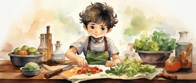 Childrens cartoon character cooking vegetables in the kitchen Watercolor style Generative AI