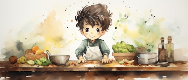 Childrens cartoon character cooking vegetables in the kitchen Watercolor style Generative AI