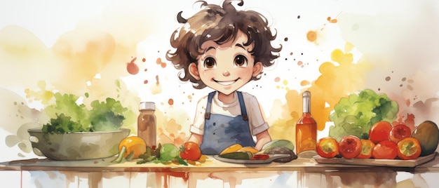 Childrens cartoon character cooking vegetables in the kitchen Watercolor style Generative AI