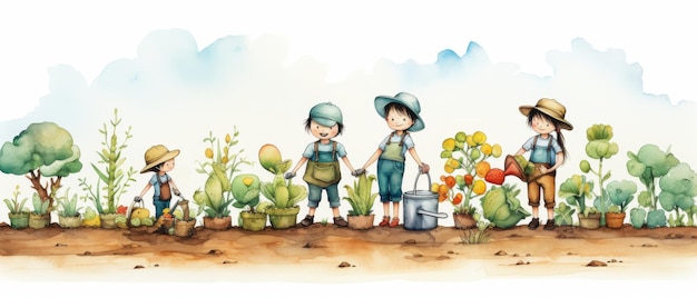 Childrens cartoon characters using agricultural tools and equipment Watercolor style Generative AI