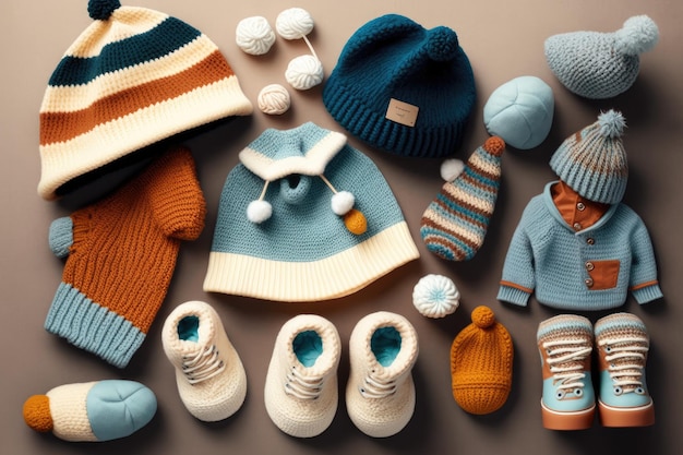 Childrens clothes in form of soft hats and socks laid out on light background created with generativ