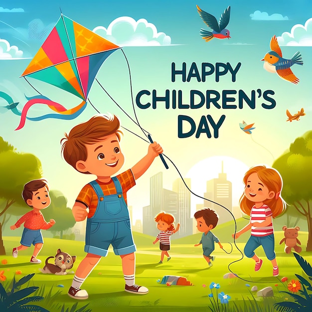 Childrens Day illustration Child flying a kite in a park with other kids playing in the background