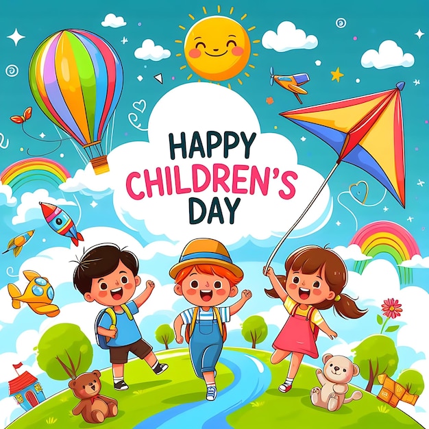 Childrens Day illustration Child flying a kite in a park with other kids playing in the background