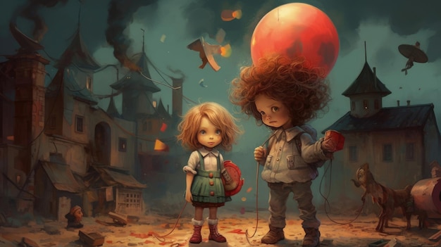 Childrens Day A painting of a boy and girl holding a red balloon in front of a burning city