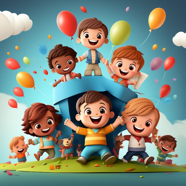 Childrens Day with flying colorful 3d paper balloons