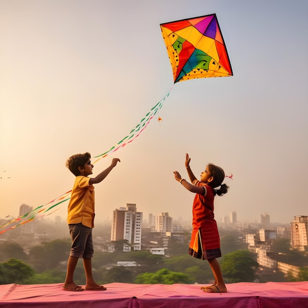 childrens enjoying Kite flying on Uttrayan Makar Sankranti