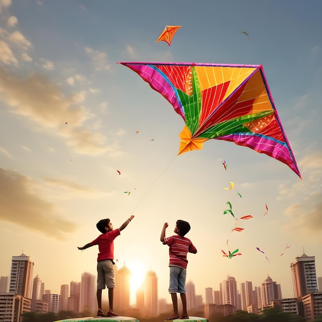 childrens enjoying Kite flying on Uttrayan Makar Sankranti