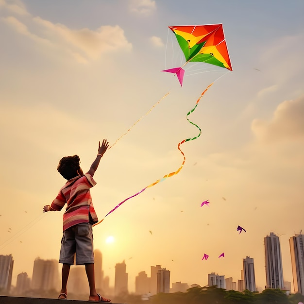 childrens enjoying Kite flying on Uttrayan Makar Sankranti