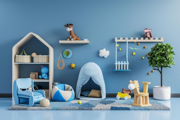 Photo childrens furniture and toys 3d render on blue gradient ideal for kids room design