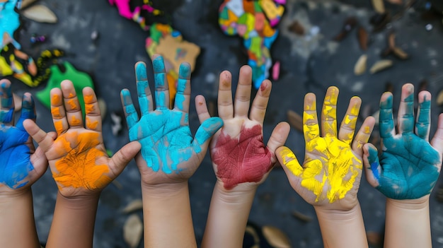 Photo childrens hands painted in colorful paints