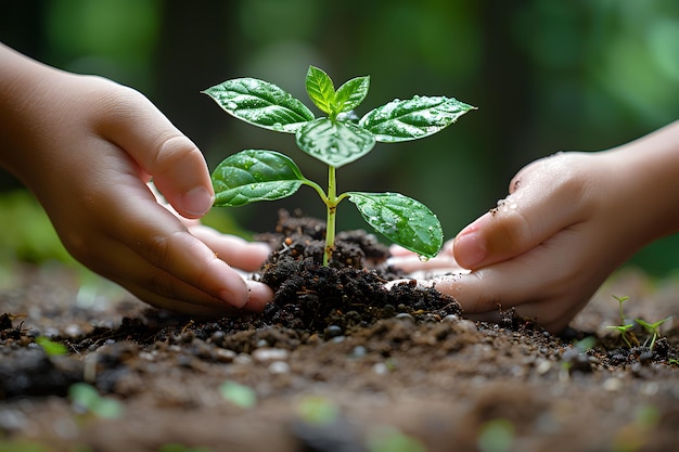 Childrens Hands Planting Seedling in Soil Nurturing Nature and Growth Suitable for Environmental Educational Materials