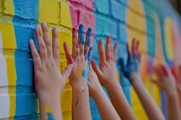 Photo childrens hands with colorful paint on them reaching up to the wall of an outdoor mural art class in full color