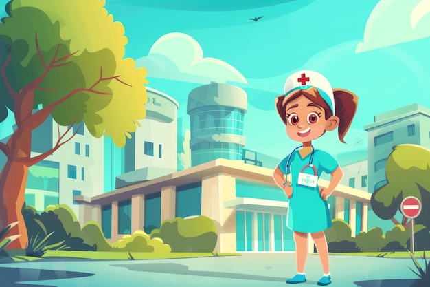 Childrens illustration nurse standing proud in front of hospital to the left cartoon style vivid color ar 32 style raw stylize 50 Job ID c4225551fcc3451f99bb46c6d3f8cce9