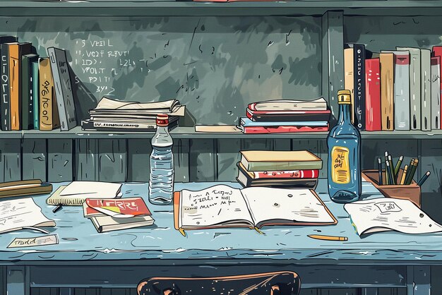 Childrens Illustration of an Untidy Desk in a Classroom