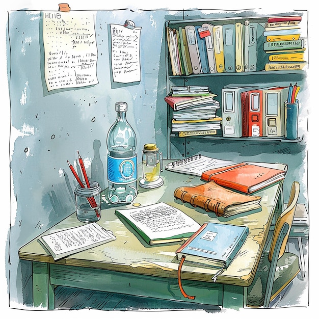 Childrens Illustration of an Untidy Desk in a Classroom