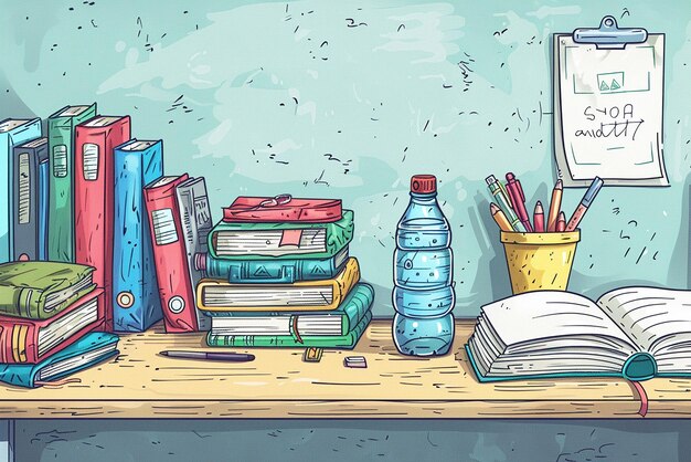 Childrens Illustration of an Untidy Desk in a Classroom