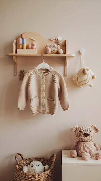 Photo childrens knitted clothes shelf with hanger cardigan sweater jumper on hanger childrens room nurs