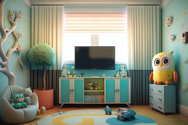 Childrens modern nursery with toys and tv in child room created with generative ai