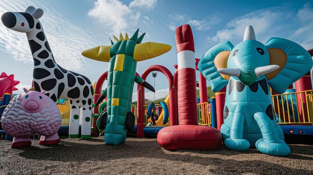 Photo a childrens playground adorned with oversized 3d inflatable sculptures of animals providing an interactive and imaginative play area