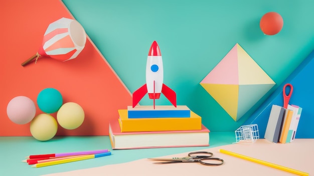 Photo a childrens playroom decorated with colorful geometric shapes featuring a toy rocket on a stack of books and various play objects like balls and pencils