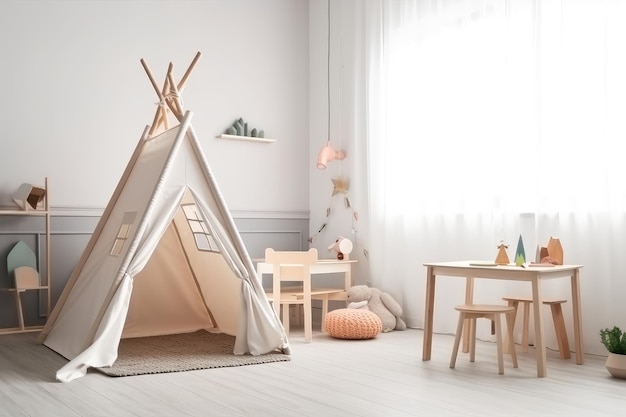 Childrens playroom with tent and table sitting white wall