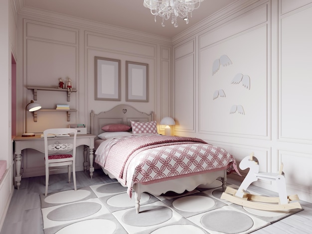 Childrens room in a classic style in beige and pink with a desk and toys 3d rendering