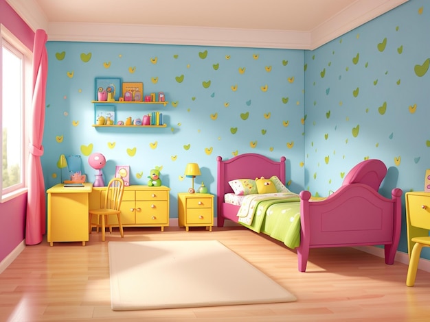 a childrens room with a blue wallpaper with yellow and green leaves