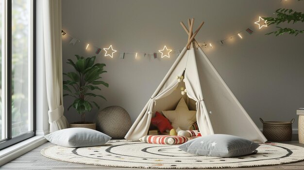 Photo childrens room with childrens tent star pillows decorative