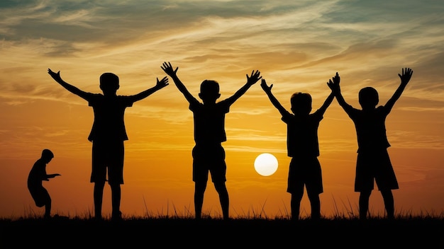 Childrens silhouettes playing at sunset