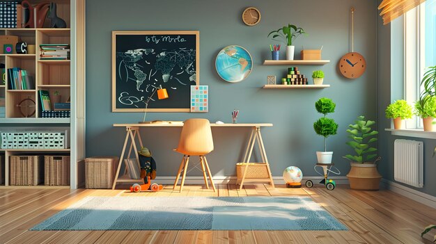 Childrens study room at home Modern spacious interior with desk chair bookshelves ch Generative AI