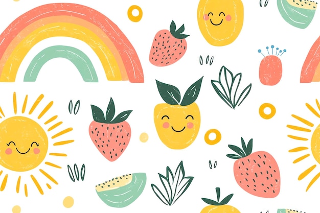 Childrens summer seamless pattern with cute hand drawn rainbow sun fruit for fabric packaging wallpaper