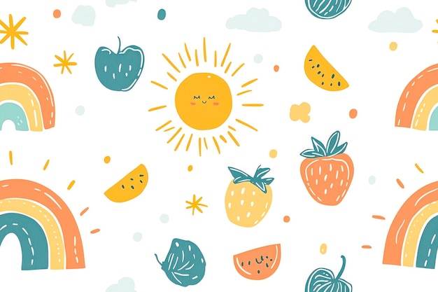 Childrens summer seamless pattern with cute hand drawn rainbow sun fruit for fabric packaging wallpaper