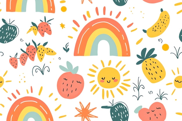 Childrens summer seamless pattern with cute hand drawn rainbow sun fruit for fabric packaging wallpaper