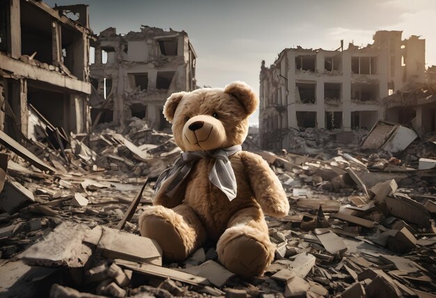 Childrens toy bear sits on the ruins of a city during the war